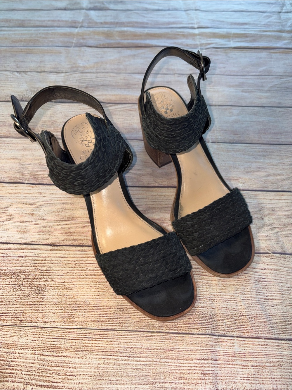 Vince Camuto Black Braided Strap Block Heel Sandals Size 8M